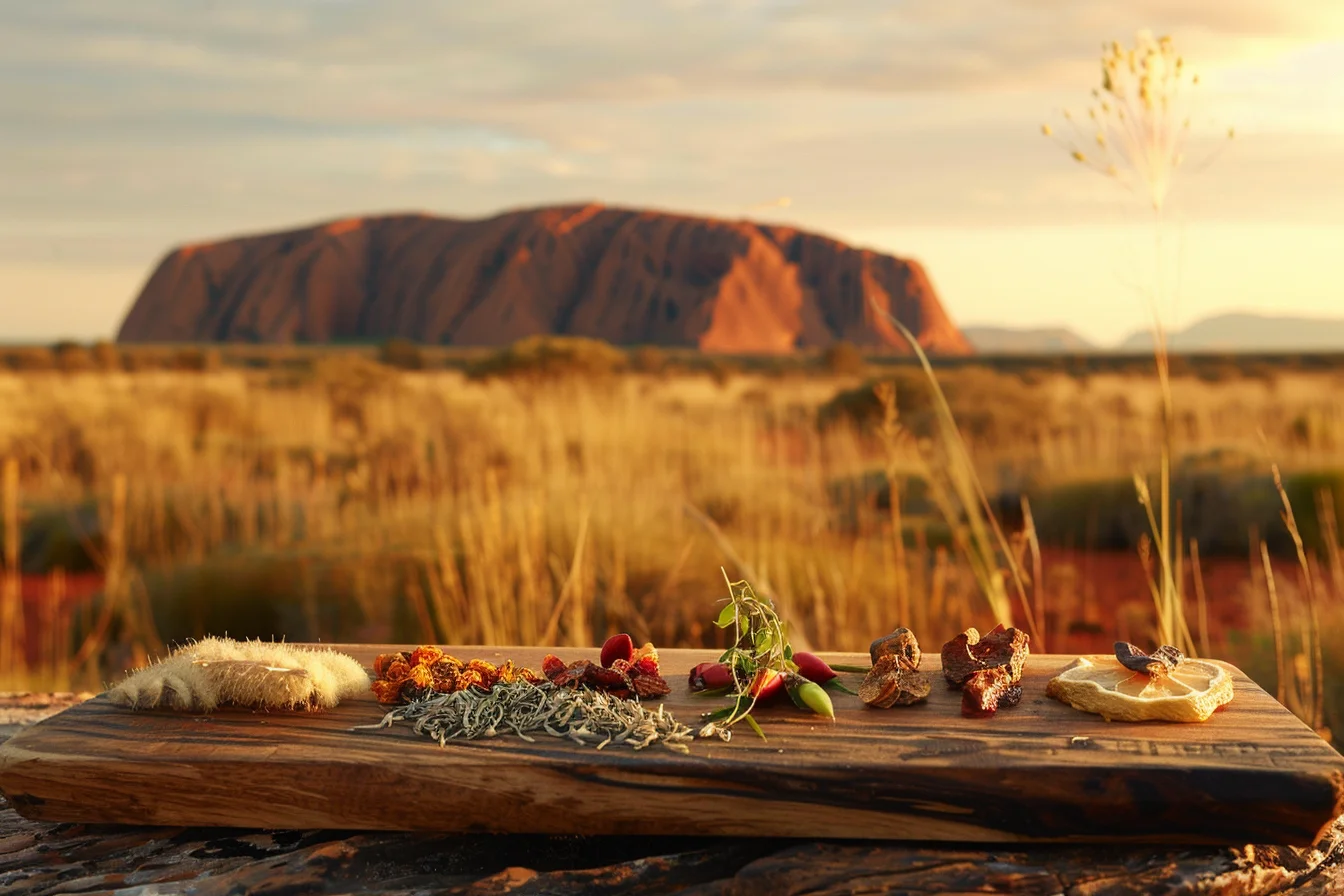 Uluru at golden hour with wattleseed damper and bush tucker ingredients — Australia food allergy travel guide