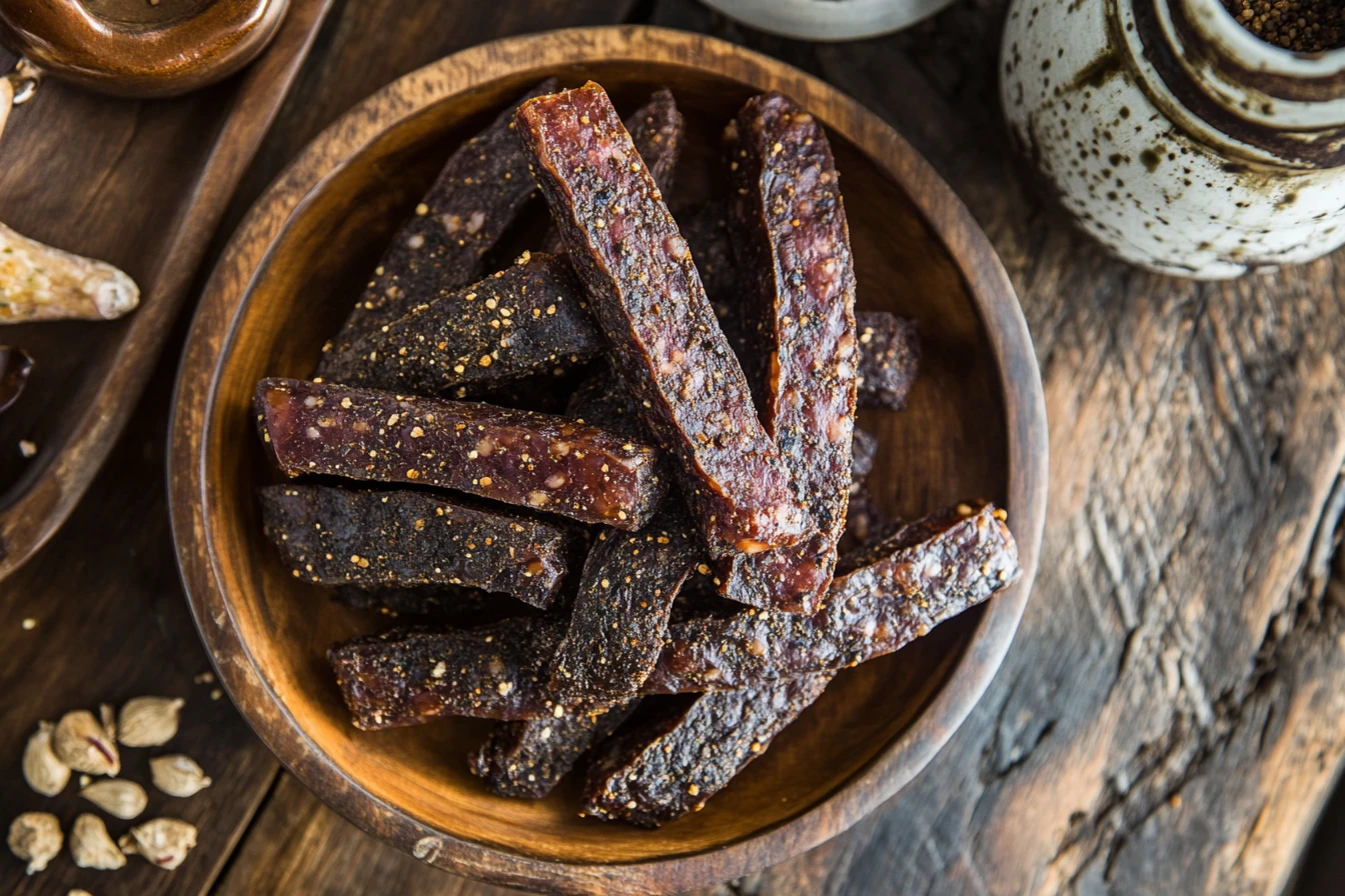 Sliced biltong and droëwors on a wooden butcher's board at a Namibian padstal, dusted with a dark unlabeled spice rub that may carry grondboontjie-meel (groundnut flour) and sodium-metabisulfite cure &mdash; the structural hidden vehicle of the editorial through-line made visible at dish level