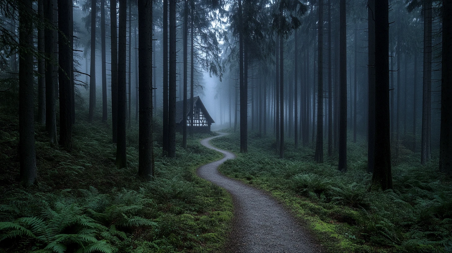 A misty Black Forest at dawn — dense dark fir and spruce with a narrow path vanishing into fog and a half-timbered cottage glimpsed among the trees, the Schwarzwald of Brothers Grimm fairy tales and the region behind Black Forest gateau and Kirschwasser cherry brandy.