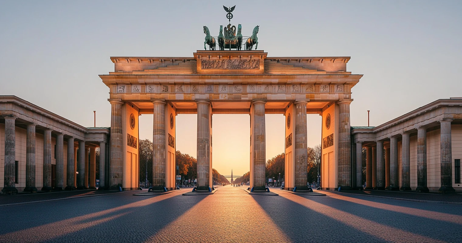 The Brandenburg Gate at golden hour — the 18th-century neoclassical sandstone gate crowned by the Quadriga, Berlin's defining landmark and the symbol of a reunified Germany whose capital now anchors one of Europe's most allergy-literate food scenes