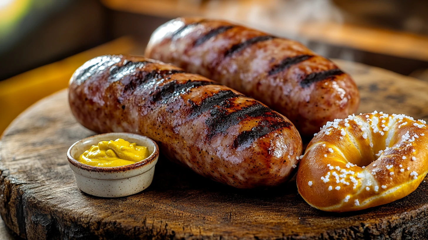 Grilled Bratwurst on a wooden board with a dab of golden sweet mustard and a soft pretzel — the German Wurst the kitchen files as meat but which is bound with milk protein, served with the mustard that is structural to German eating, not a garnish