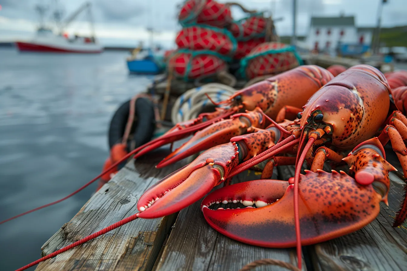 Fresh Atlantic lobsters hauled from the ocean on a weathered Nova Scotia dock — Maritime shellfish culture and the Atlantic Canada allergen story