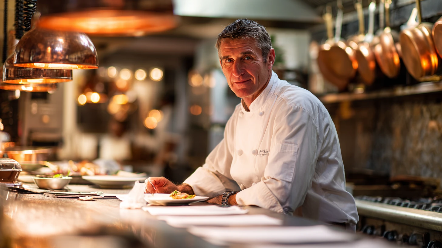 A bistro chef in a white jacket at the pass, plating a dish under heat lamps in a classic Parisian kitchen, a printed allergen sheet clipped beside the order rail — the front line of French food service where the chef holds authority over the plate.