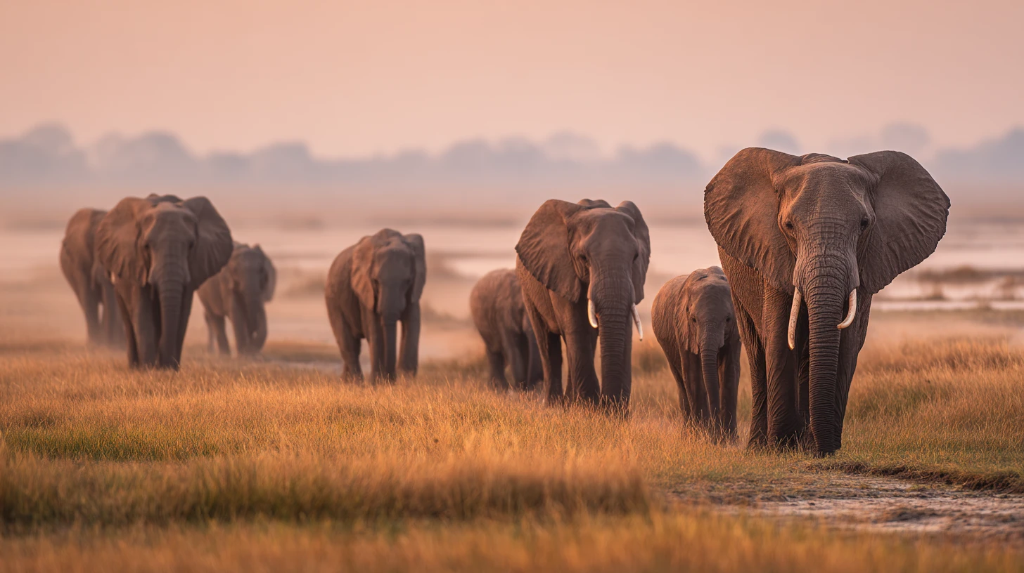 A herd of elephants on the Chobe riverfront at golden hour — Botswana holds the largest elephant population on earth, and Chobe's dry-season congregations are the country's defining wildlife spectacle and the gateway to its high-value, low-volume safari circuit