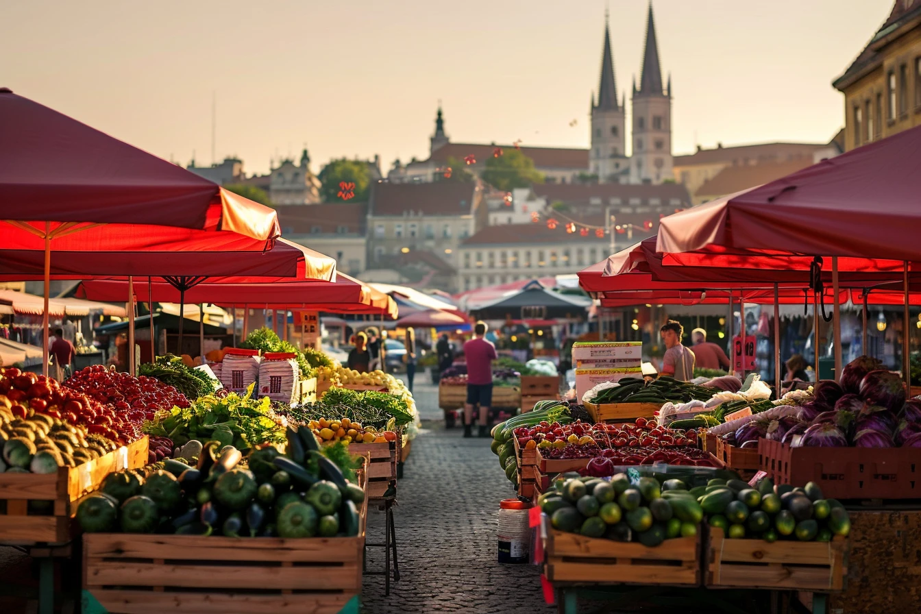 Dolac Market in Zagreb, aerial view of the iconic red parasol canopy — the fresh-market reset pattern for multi-allergen travelers