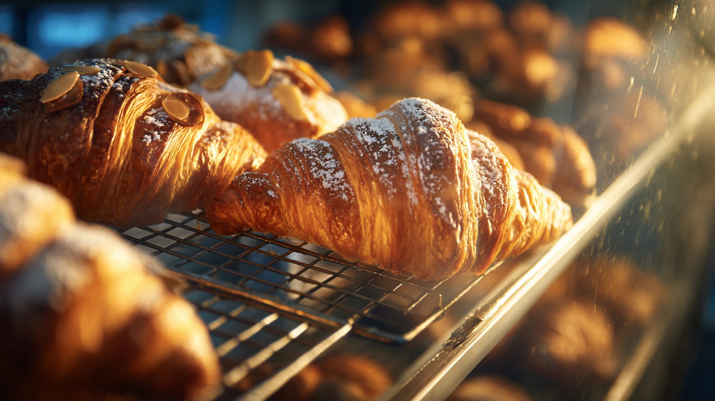 Butter croissants and pains au chocolat cooling in a French boulangerie case beside almond croissants dusted with sliced amande — the laminated-butter and frangipane viennoiserie that reads as ‘just bread’ but carries structural milk and tree nut