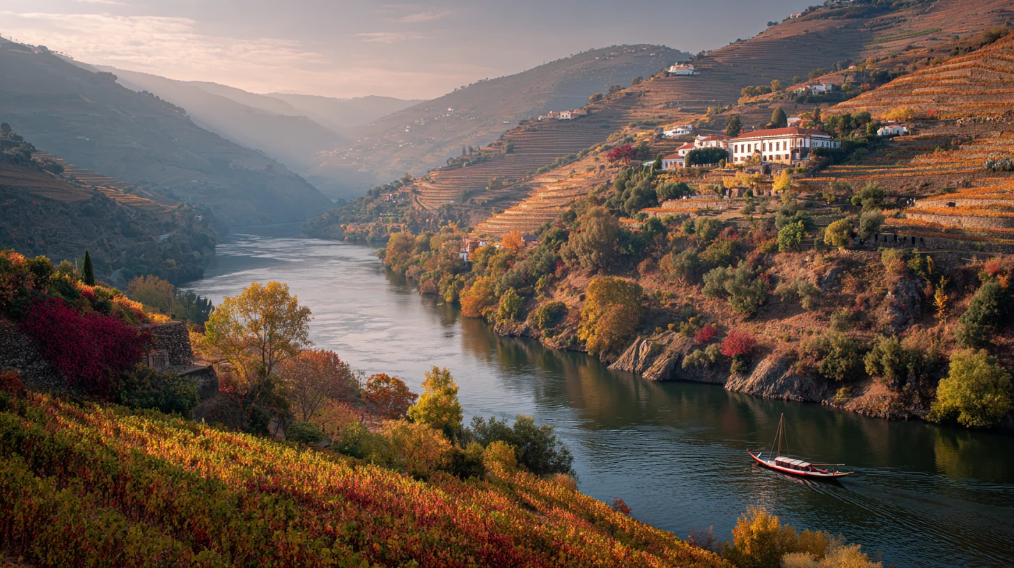 The Douro Valley at golden hour — UNESCO-listed terraced schist vineyards descending to the Douro River, the world's oldest demarcated wine region and the landscape behind northern Portugal's structural sulfite layer