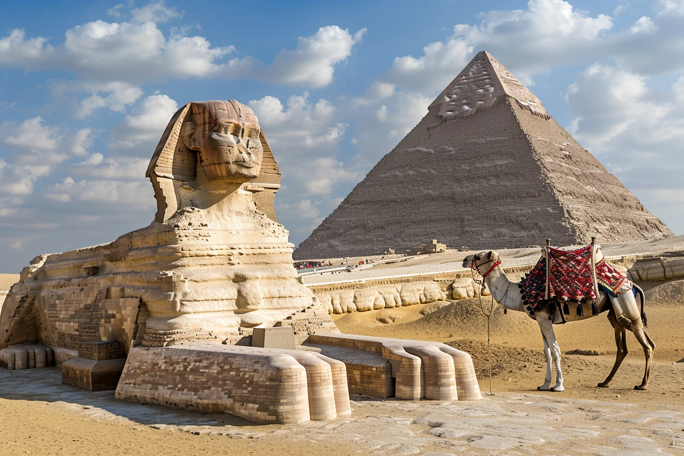 The Great Sphinx of Giza with the Pyramid of Khafre behind and a Bedouin camel in the foreground — orienting image for Egypt food allergy travel
