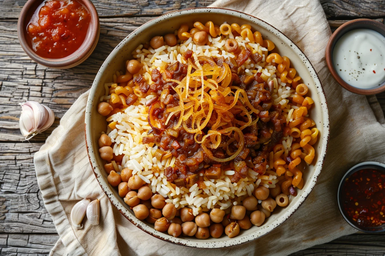 Koshari — rice, wheat pasta, lentils, chickpeas, fried onions, tomato sauce — Egypt's national street food illustrating the wheat-and-legume allergen stack