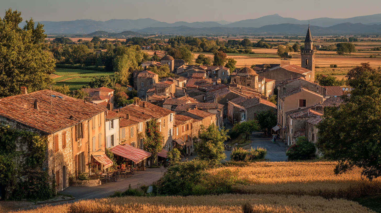 Rolling French farmland at golden hour with a small stone village and a church spire in the valley — patchwork fields, plane-lined lanes and the slow market-town rhythm of rural France, where regional cheese, charcuterie and wine define a table far from the Paris bistro