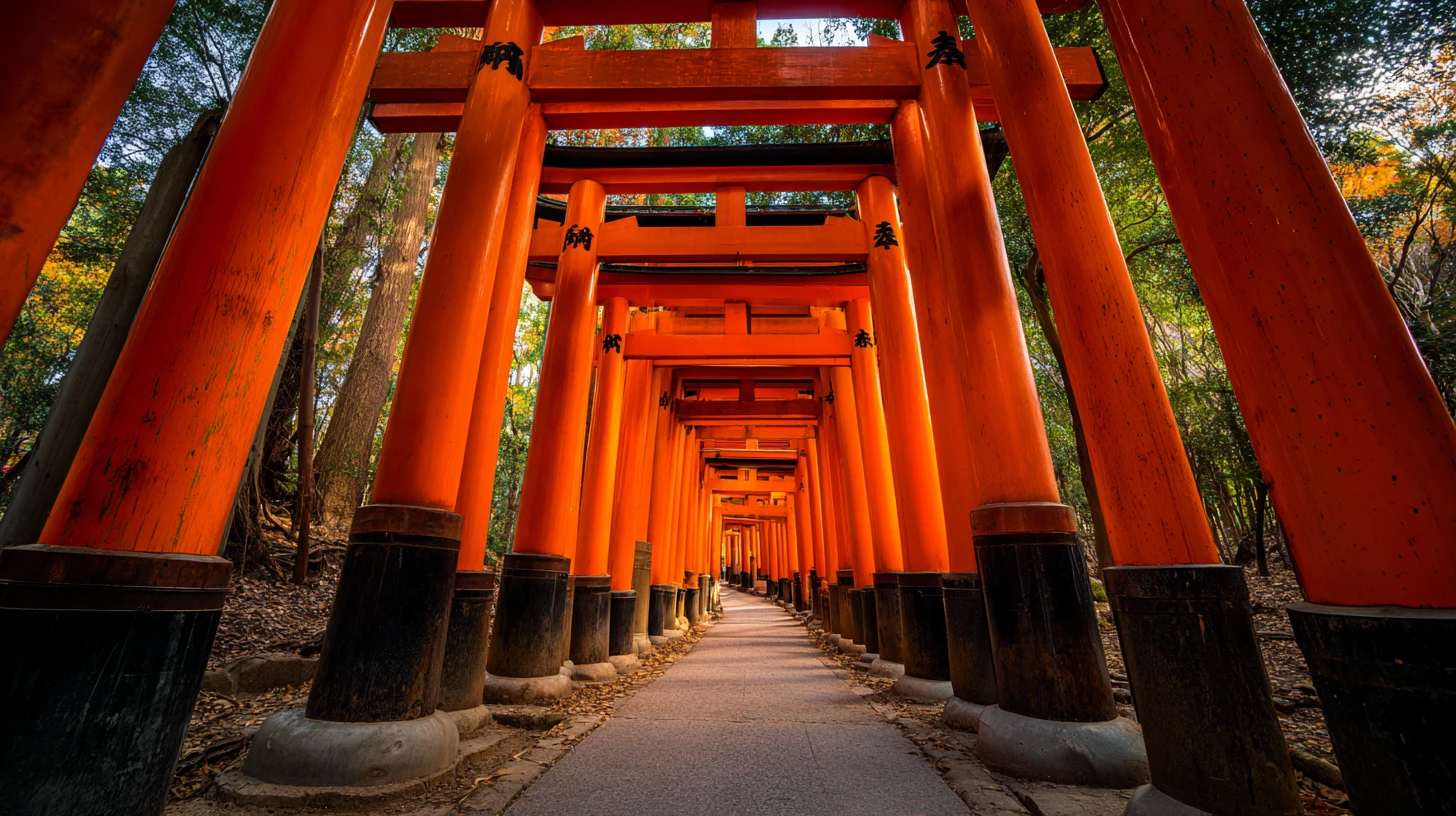 The vermillion torii tunnel at Fushimi Inari Taisha in Kyoto — thousands of stacked gates climbing the mountain, a standalone national-character icon distinct from Mount Fuji and the cultural backdrop to Japan’s ritualized, set-menu approach to dining
