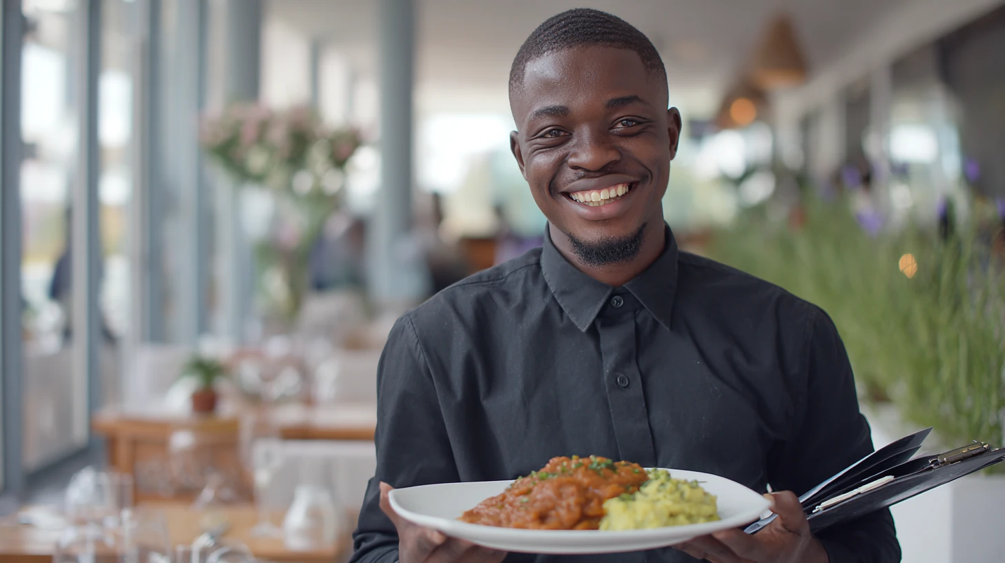 A Motswana waiter, face clearly visible and smiling, sets down a plate of seswaa, pap, and morogo at a bright modern Gaborone restaurant table, order pad in hand.