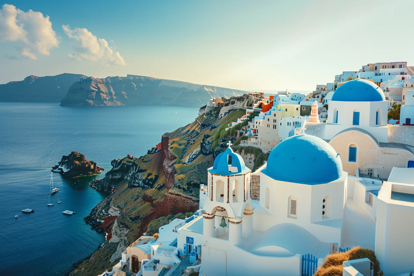 Santorini caldera with whitewashed Cycladic buildings and blue-domed church &mdash; Greece food allergy travel guide