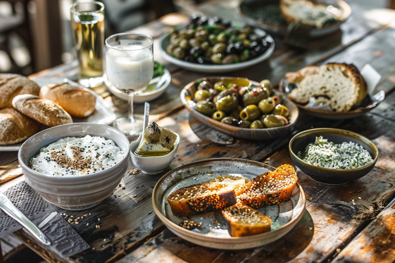 Traditional Greek mezze spread with tahini dip, pasteli sesame bar, and koulouria &mdash; primary hidden allergen vehicles in Greek cuisine