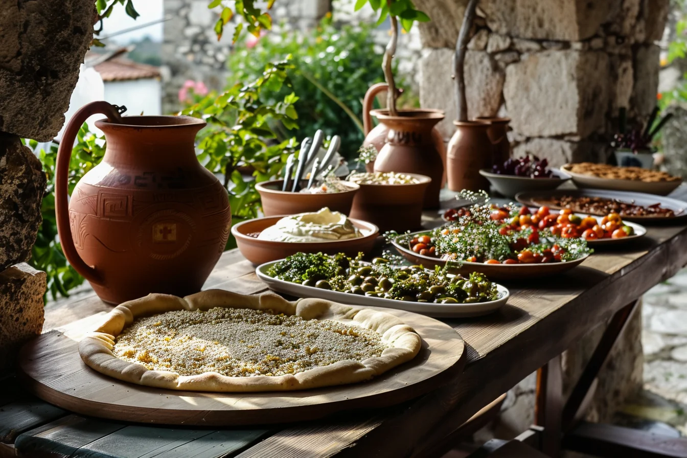 Greek Apokries carnival feast with lagana flatbread blanketed in sesame seeds &mdash; Clean Monday tradition connecting the Lenten sesame surge to the tahini through-line