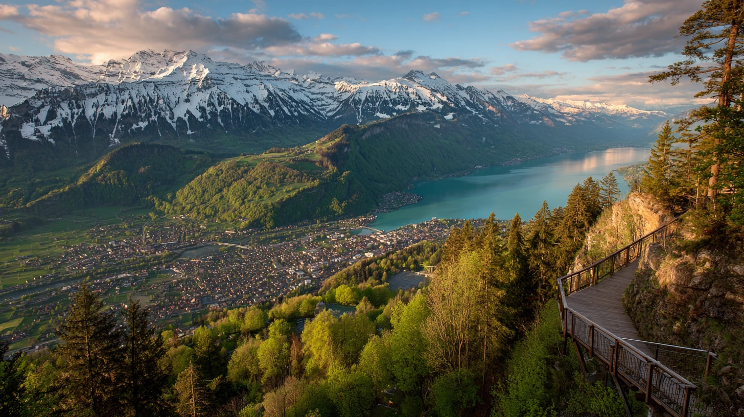 Elevated panorama from Harder Kulm over Interlaken at golden hour — the resort town on the narrow isthmus between Lake Thun and Lake Brienz, the Bernese Oberland's gateway to the Jungfrau region and the staging point for the alpine huts and scenic rail journeys where fixed half-board menus leave the least room to adapt