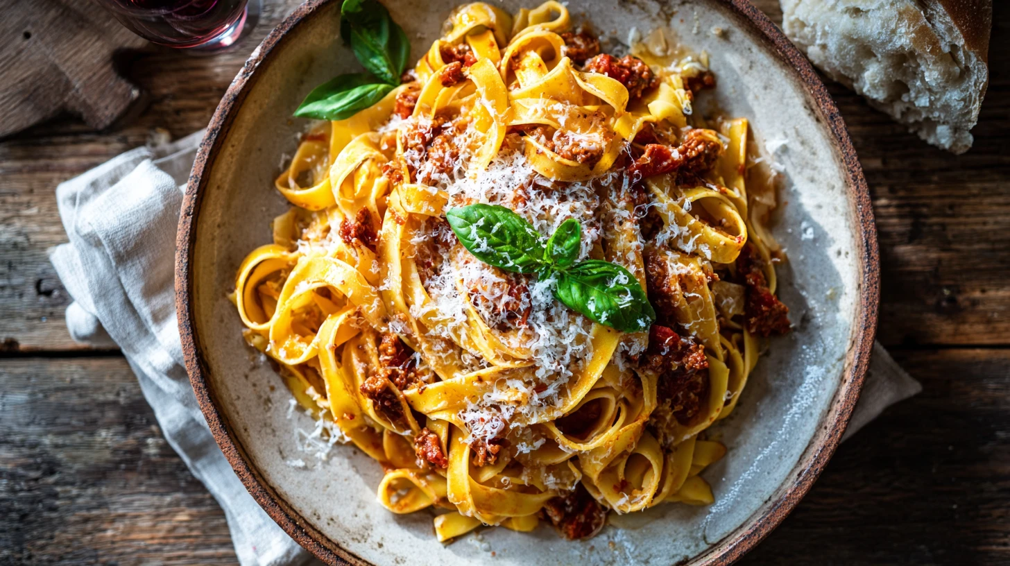 Fresh tagliatelle al ragù alla bolognese on a handmade ceramic plate — golden egg pasta with slow-cooked meat ragù and grated parmigiano reggiano, the Emilia-Romagna DOP corridor's structural wheat-egg-dairy stack