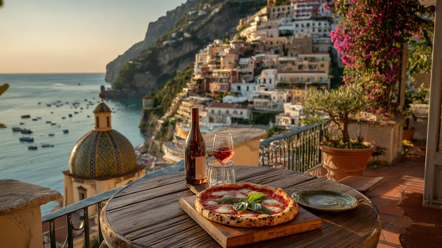 Positano cliffside terrace on the Amalfi Coast at golden hour — a Neapolitan pizza margherita with mozzarella di bufala on a rustic wooden board, pastel houses cascading down the cliff to the Tyrrhenian Sea behind, the aspirational South Italy itinerary