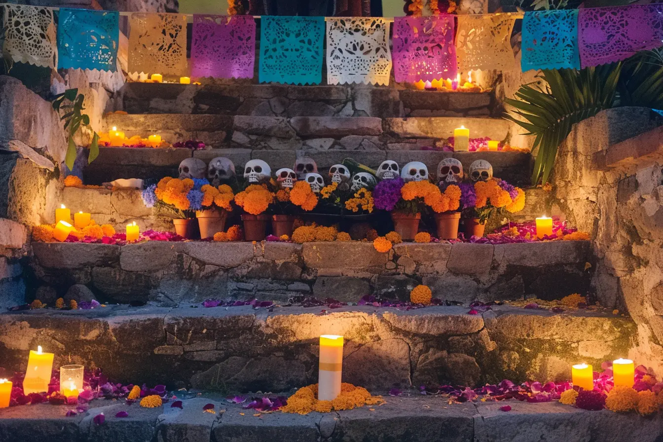 Día de Muertos ofrenda altar with pan de muerto, tamales, cempasúchil marigolds and candles — Mexico food allergy travel guide