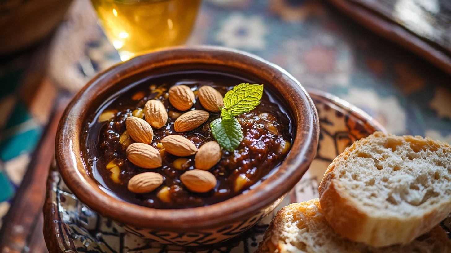 Close-up of an amlou breakfast spread on Moroccan khobz bread — a small ceramic bowl of thick brown amlou paste glistening with argan oil, whole roasted almonds visible at the edge of the bowl, torn pieces of khobz alongside fresh mint tea in a glass