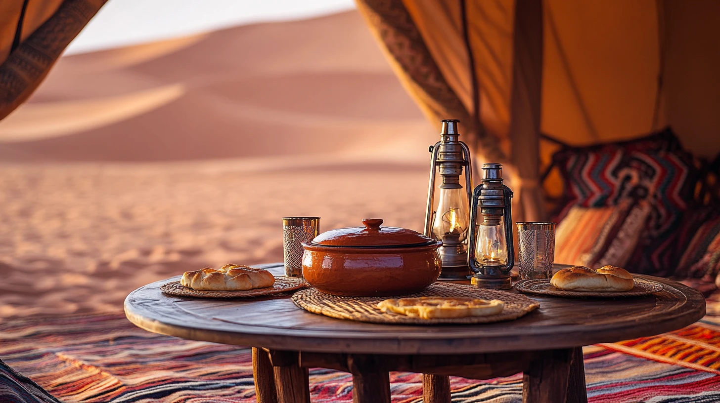 Desert camp dining scene at Erg Chebbi — a low round table set inside an open Berber tent, a clay tagine in the center with bread on a woven tray, brass tea glasses arranged around it, warm lantern light, the rust-red dunes of the Sahara visible in soft evening focus beyond the tent opening
