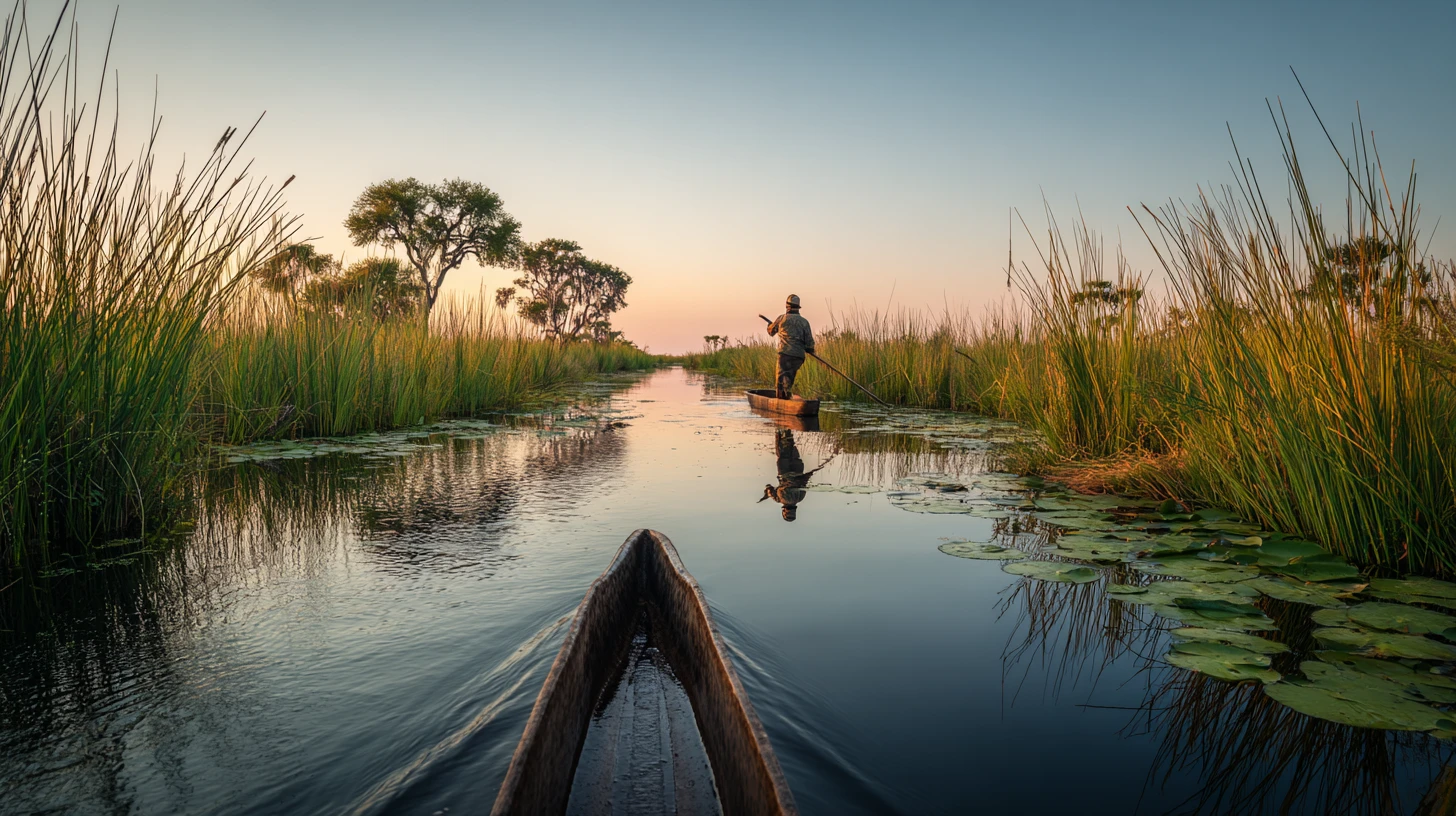 A mokoro poler gliding a dugout canoe through the reed channels of the Okavango Delta at golden hour, an African fish eagle overhead — the UNESCO-listed inland delta whose fly-in camps run the fixed full-board catering at the centre of this guide