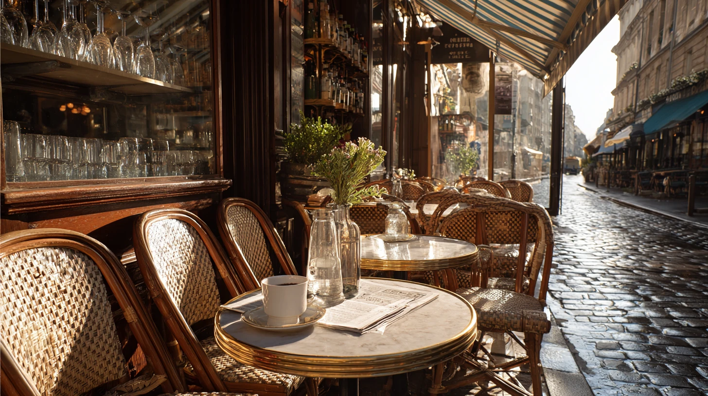 A classic Parisian café terrasse in morning light, no patrons in frame — round marble-topped tables, woven rattan bistro chairs turned out toward the street, an espresso and a carafe of water on a table, the zinc counter glowing through the window behind.