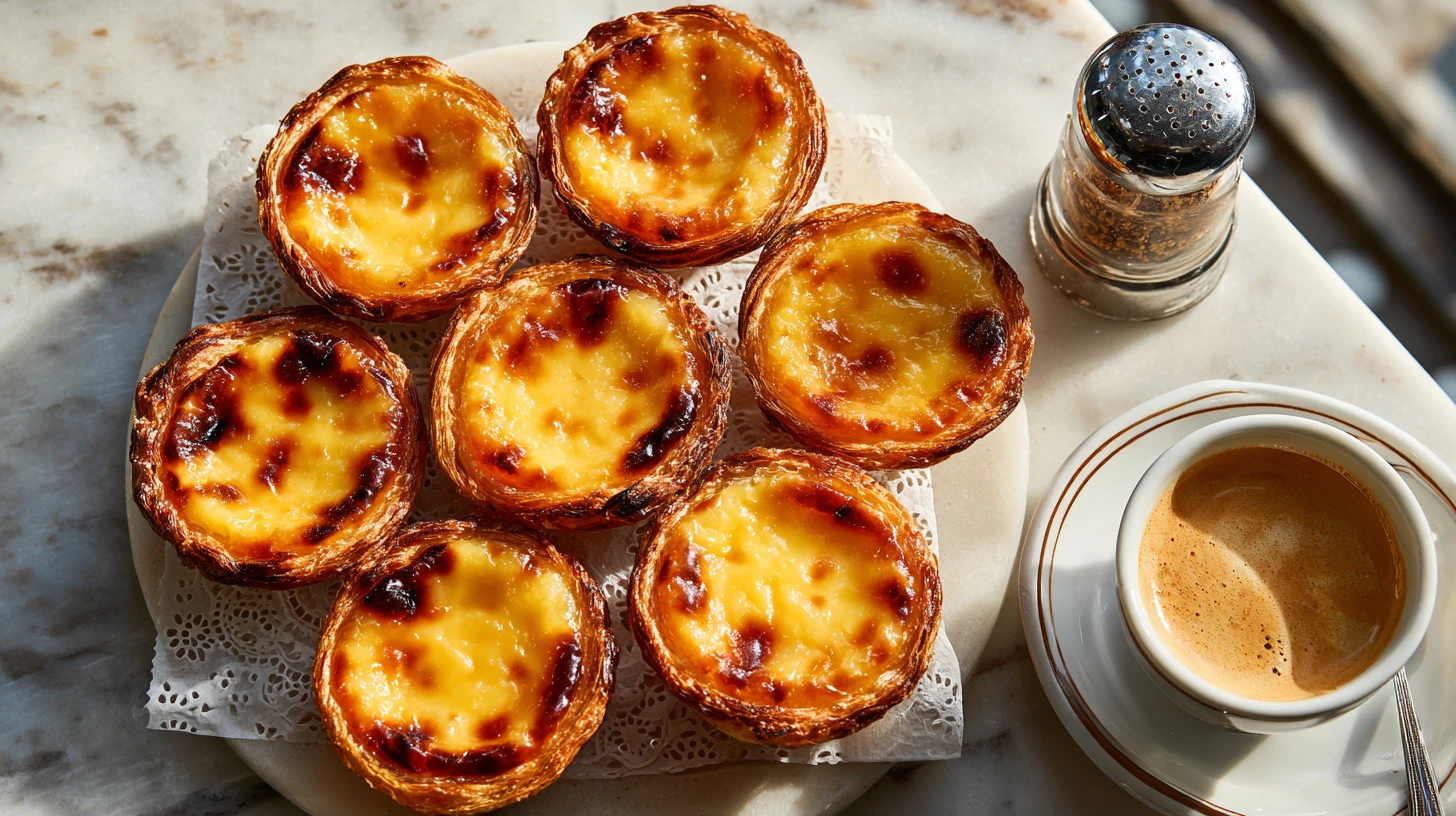 Pastéis de nata cooling on a marble pastelaria counter — flaky pastry shells filled with deep amber egg-yolk custard and dusted with cinnamon, the conventual pastry tradition's most exported expression and the structural-gema hidden vehicle