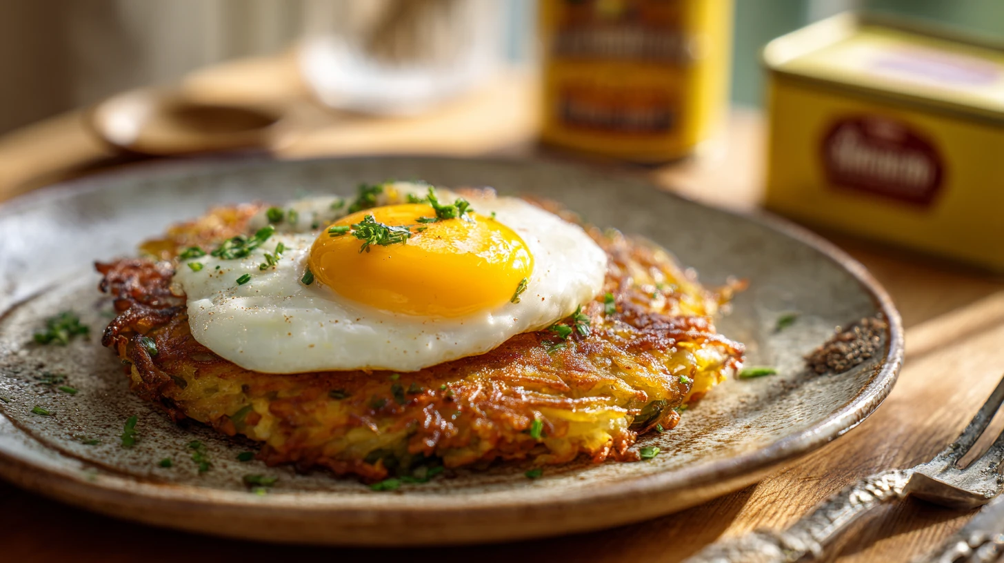 A golden rösti topped with a fried egg on a rustic wooden table, the iconic yellow Aromat seasoning tin standing beside the plate — the lactose-bearing seasoning salt Swiss cooks shake on by reflex without ever calling it dairy, the page's hidden-allergen vehicle