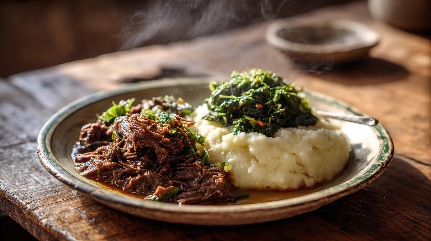 A traditional Botswana plate — seswaa (slow-pounded shredded beef) beside a mound of pap and a relish of morogo greens; the morogo is the unmarked vehicle for groundnut (ditloo), the page's primary hidden allergen