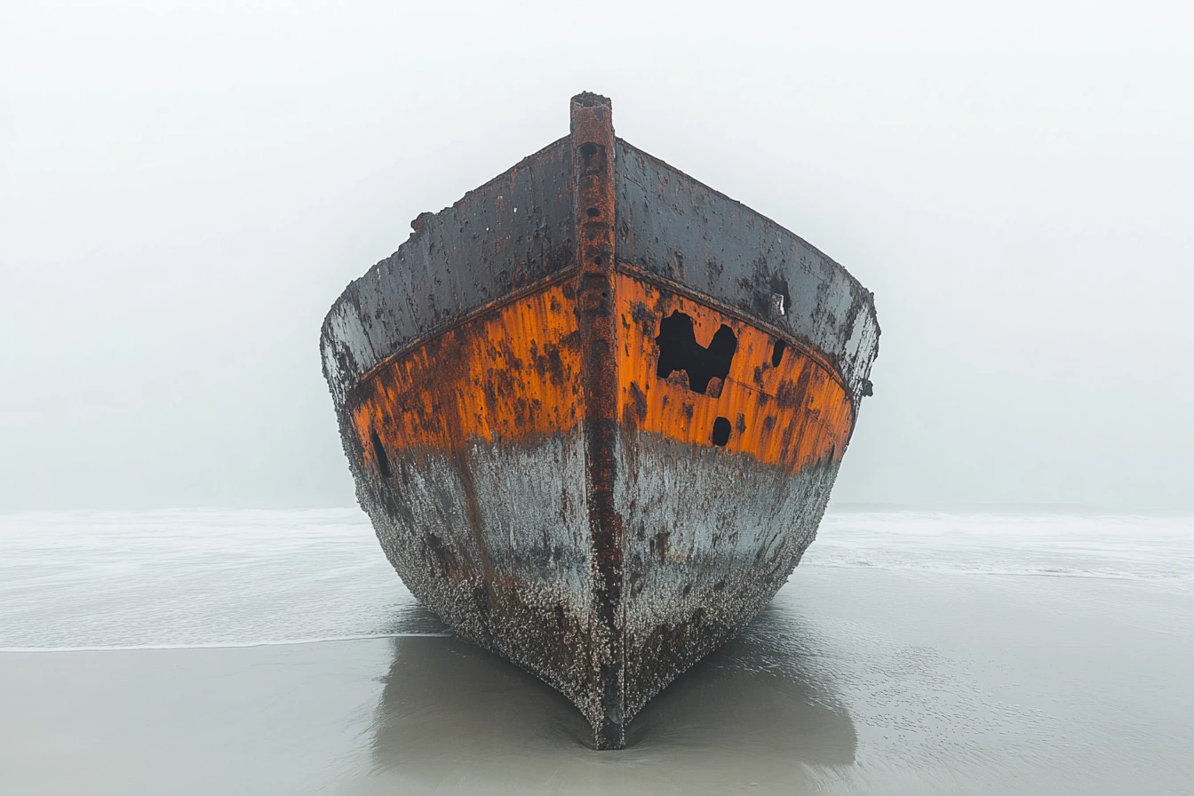 A rusted shipwreck partially buried in cold Atlantic surf on the Skeleton Coast of Namibia, fog softening the horizon, the iron hull weathered orange against the pale grey-blue palette of the Benguela current &mdash; the coastal Namibia that shifts the allergen profile from inland peanut and sulfite toward shellfish, fish, and the German-Namibian sesame belt