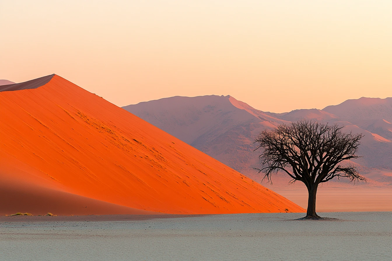 Sossusvlei Dune 45 at sunrise &mdash; red Namib dunes glowing against deep blue sky, a single camel-thorn tree silhouetted in the foreground, gravel salt-pan floor; the signature landscape of Namibia and the reason the lodge supply-chain constraint that defines food safety planning exists