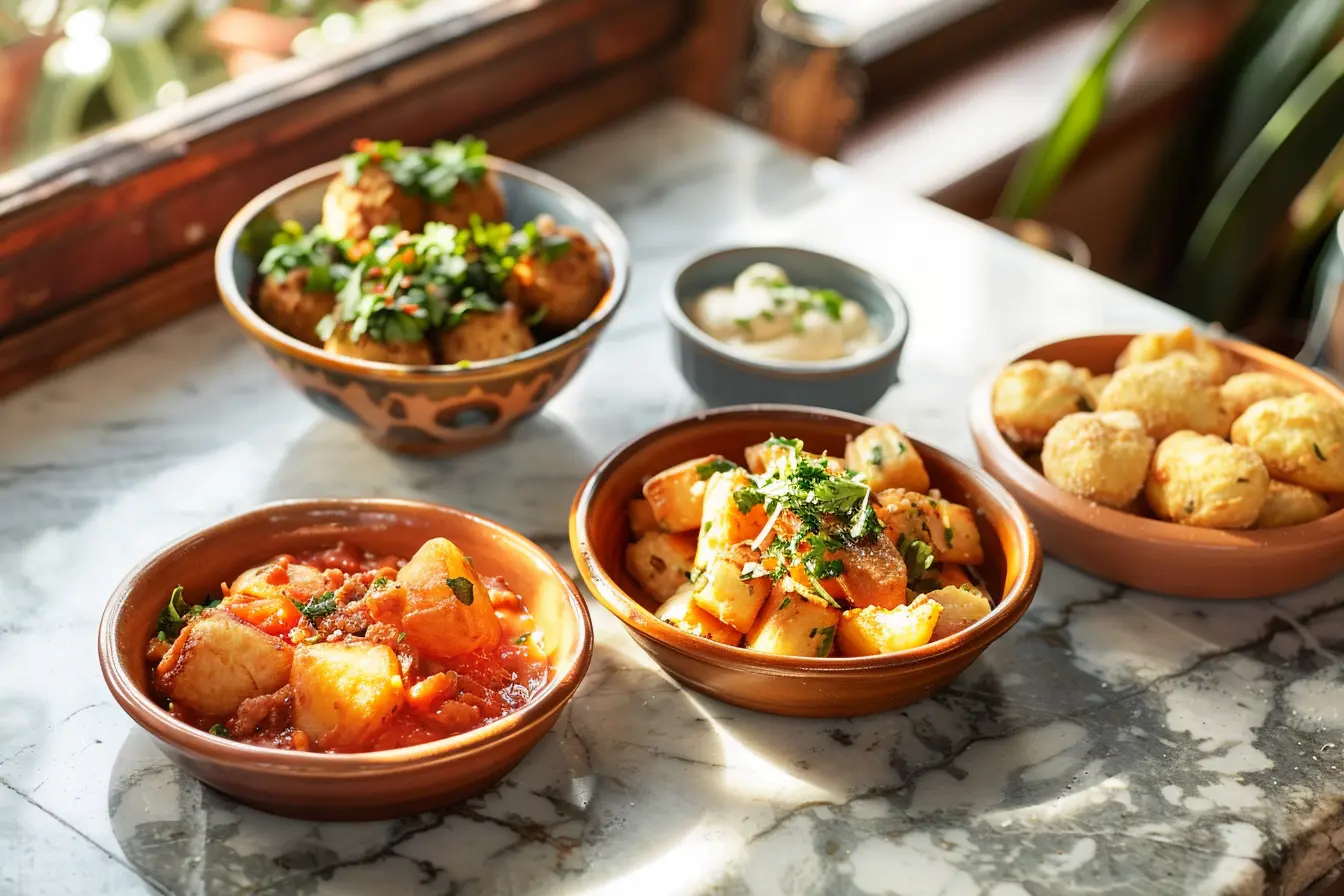Ceramic dishes of patatas bravas with brava sauce and alioli, golden croquetas, and boquerones en vinagre on a worn marble Spanish bar counter — the shared fryer cross-contact risk made visible