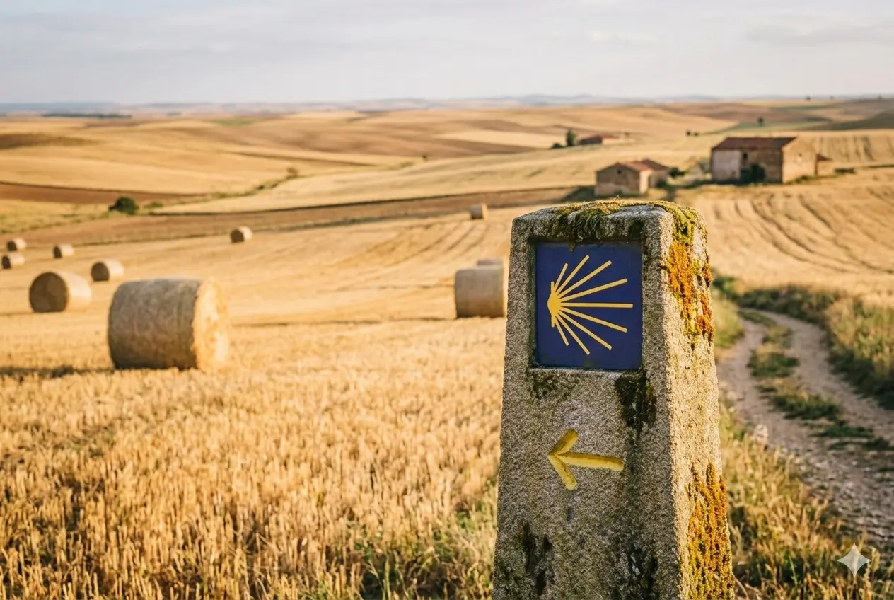 Stone Camino de Santiago waymarker pillar with yellow scallop shell symbol, rolling golden wheat fields and round hay bales stretching to the horizon across the Castilian Meseta