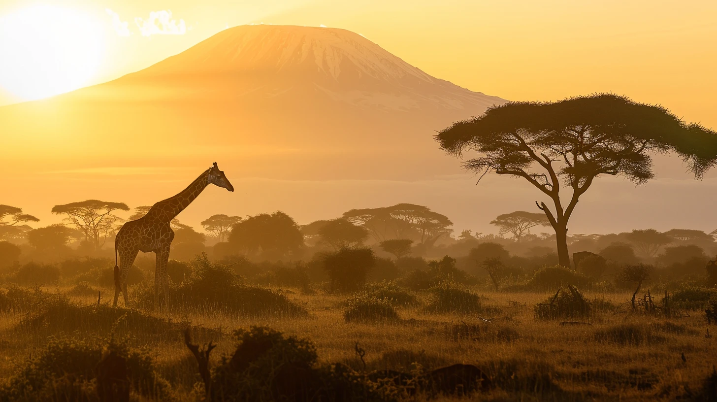 Mount Kilimanjaro at sunrise, Uhuru Peak rising above a golden acacia-dotted plain with low morning mist across the savanna
