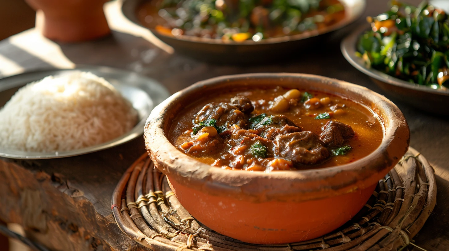 Earthenware clay pot of mchuzi wa karanga — a rich orange-brown Tanzanian peanut stew — on a woven placemat next to a plate of ugali and a small dish of greens, the structural invisible allergen of Tanzanian cuisine made visible