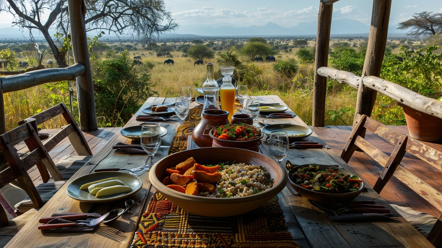 Forodhani Gardens night market in Stone Town, Zanzibar — lantern-lit seafood grill stalls, skewers of marinated fish and octopus on coals, pots of coconut curry and spice-scented rice on wooden counters