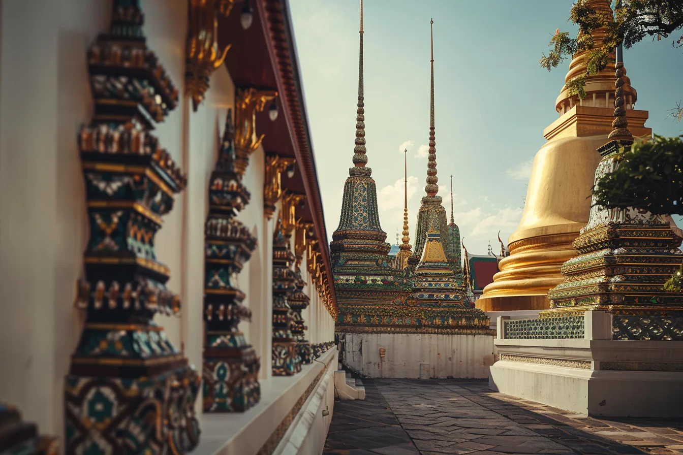 Wat Pho temple Bangkok — golden chedis rising above whitewashed walls with ornate ceramic tile detail in warm afternoon light