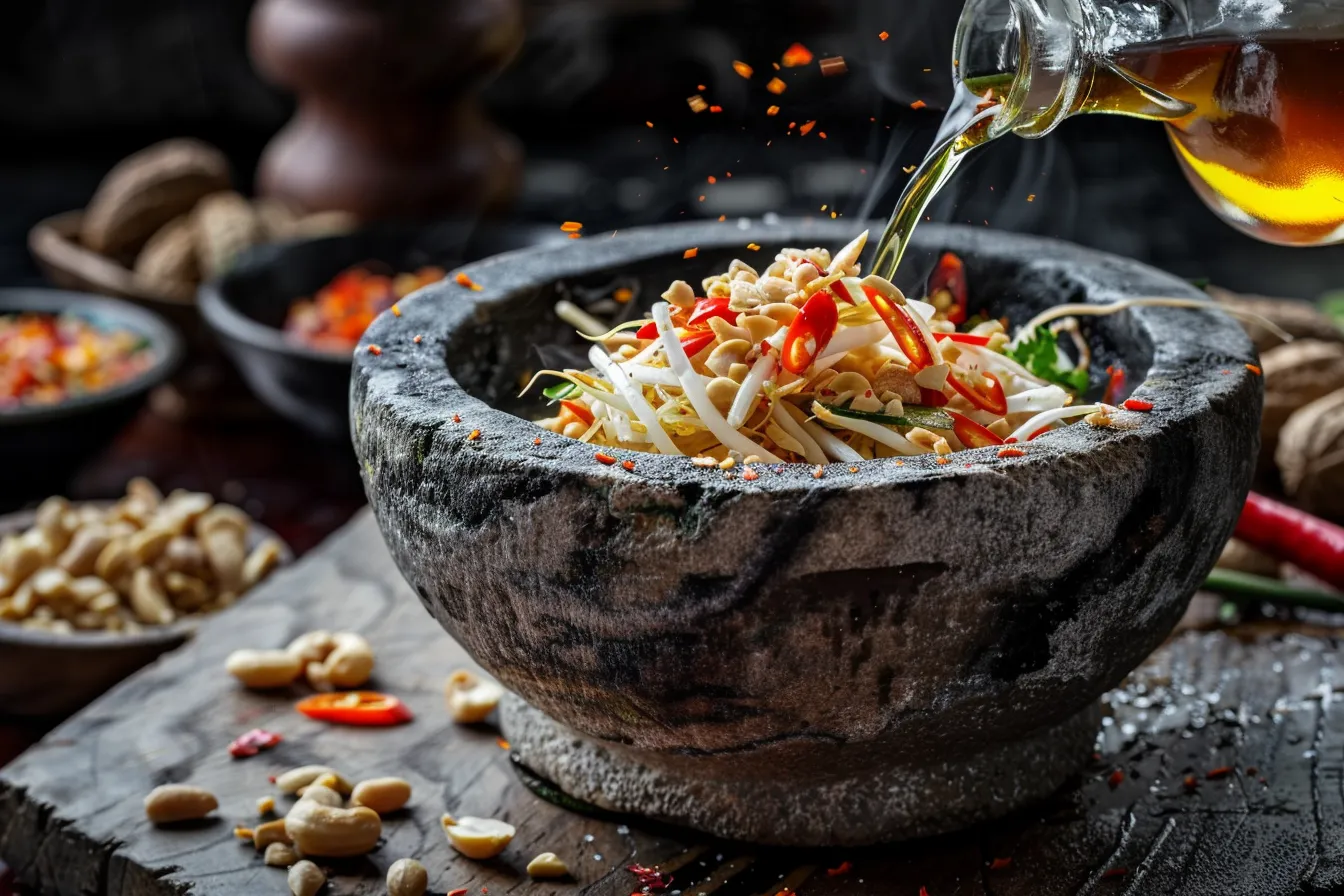 Thai som tam green papaya salad being prepared in a stone mortar — amber fish sauce being poured from a bottle, dried shrimp and crushed peanuts on the work surface