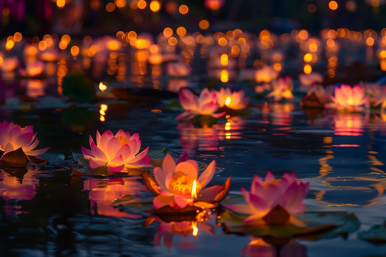 Loy Krathong festival at dusk — illuminated lotus-shaped krathong floating on dark river water with marigold flowers, candles, and festival lights in the background