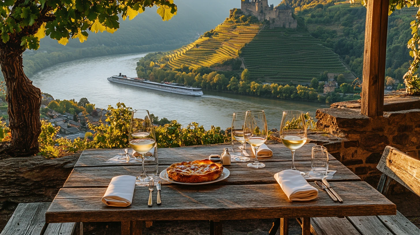 A riverside wine-village terrace high above the Rhine — weathered wooden tables set with glasses of pale Riesling and a Flammkuchen, terraced vineyards and a hilltop castle on the far bank, and a long river-cruise ship gliding past on the water below in late-afternoon light.