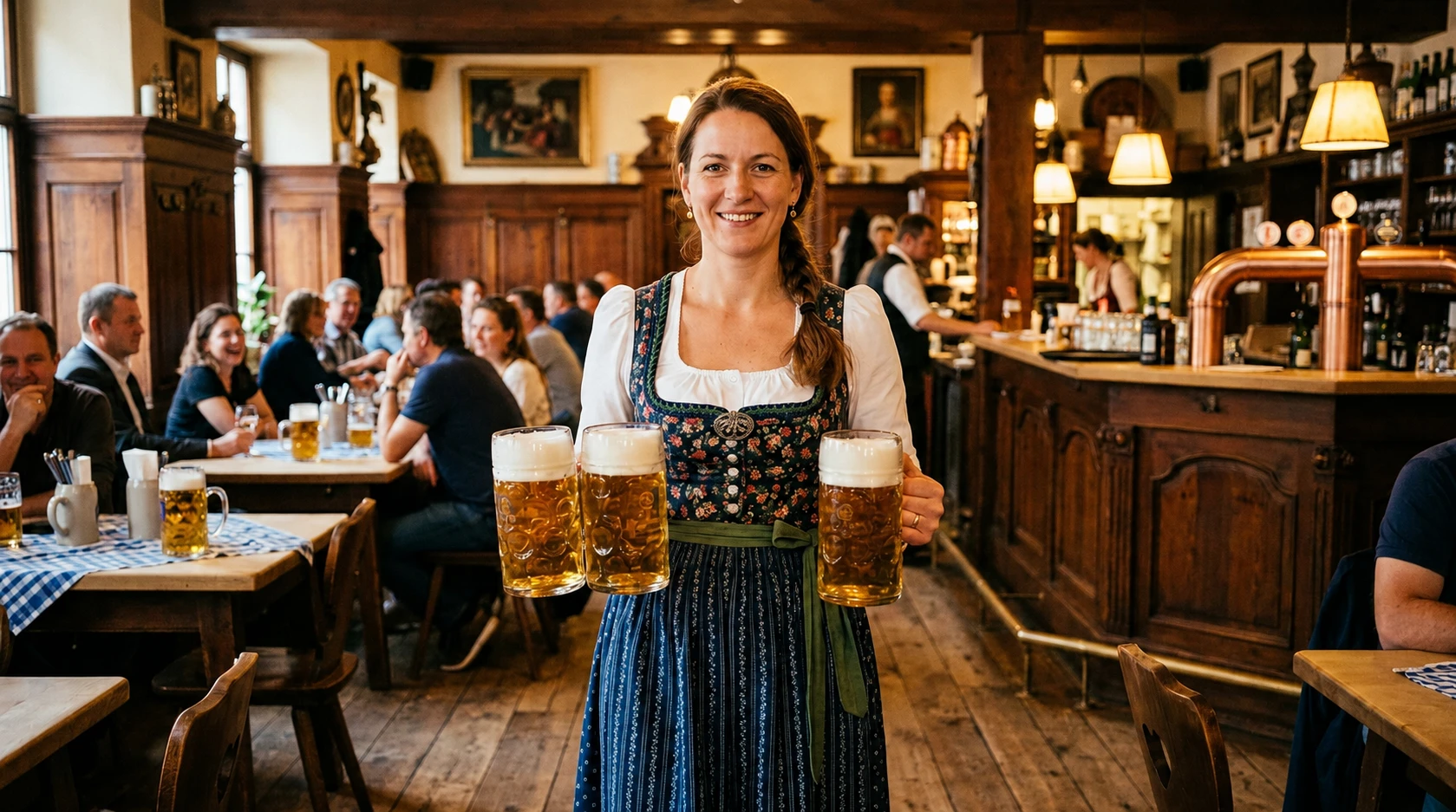 A smiling Bavarian Kellnerin in a Dirndl holds a tight cluster of six full liter Maß beer steins, gripped by their handles in both hands and raised in front of her, in a warm wood-panelled Munich beer hall.