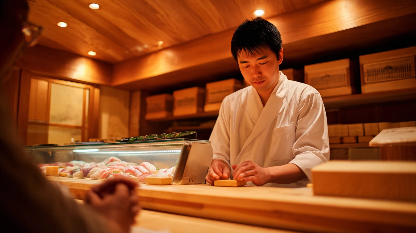An itamae stands behind a cypress sushi counter, face lit and visible, shaping a piece of nigiri between his hands. The neta (fish) is laid out in a refrigerated case in front of him, and a guest’s hands rest on the counter at the edge of the frame.