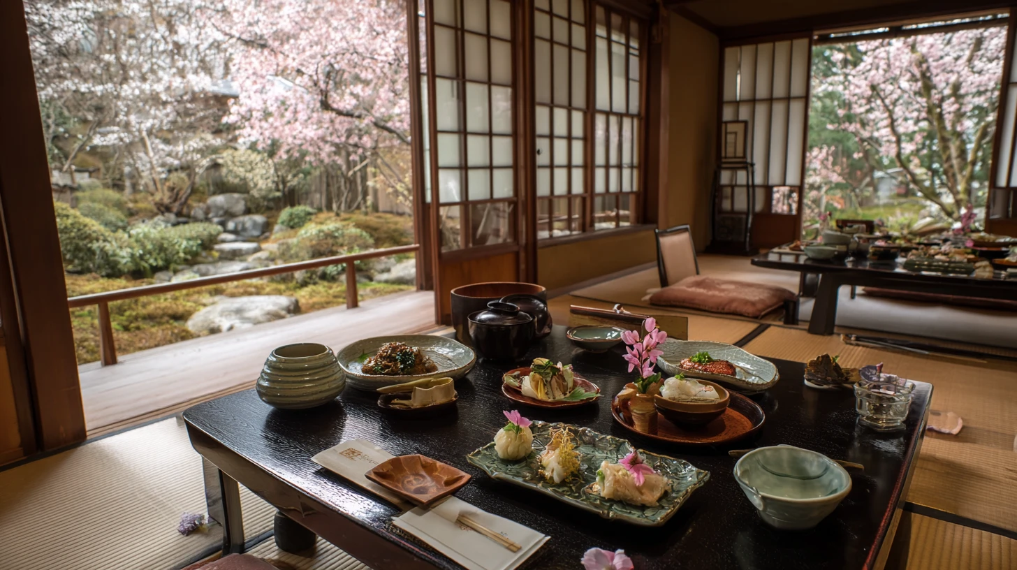 A spring kaiseki laid across a low lacquer table in a tatami ryokan room — several small seasonal courses in handmade ceramics, one carrying a sakura-blossom garnish, the shoji doors slid open to a garden of cherry blossoms beyond, a few petals settled on the tatami.