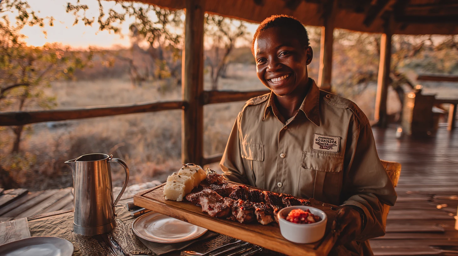 A lodge host in khaki carries a wooden board of grilled game meat — springbok loin, a wedge of pap, and a small bowl of chakalaka relish — to a candlelit table on a thatched deck overlooking the Namibian bush at dusk, an enamel jug of water and simple place settings already laid.