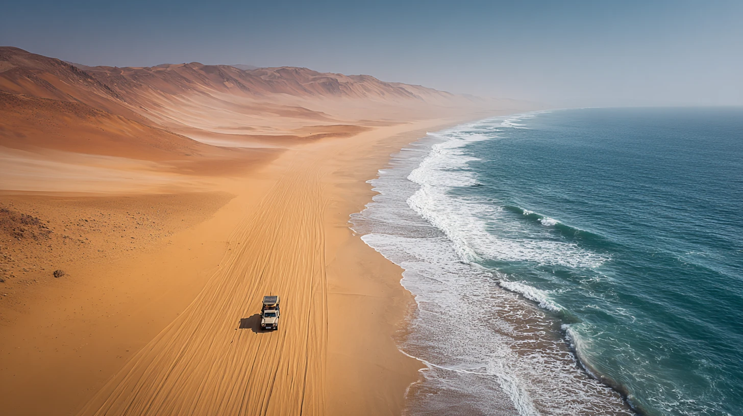 A lone 4x4 with a rooftop tent runs along the pale salt surface of Namibia's C34 coastal road, the Atlantic surf breaking on one side and the low Namib dunes and gravel plains on the other — the real self-drive corridor where the cuisine turns from inland game and biltong toward Benguela seafood.