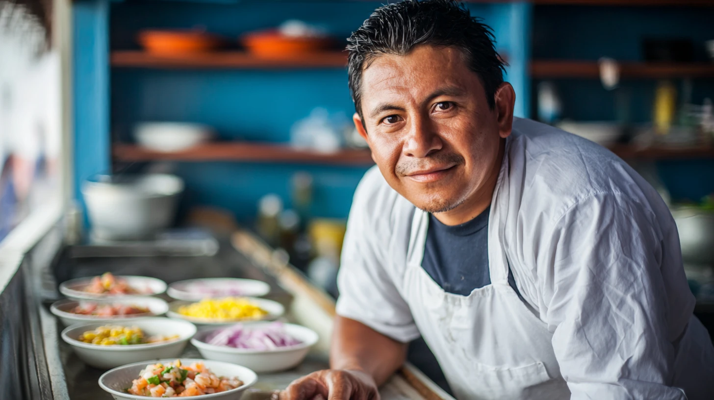 A Peruvian cevichero in his apron plates fresh cebiche at the counter of a cevichería, his face lit and turned toward the camera, bowls of leche de tigre, red onion, and choclo arranged in front of him.