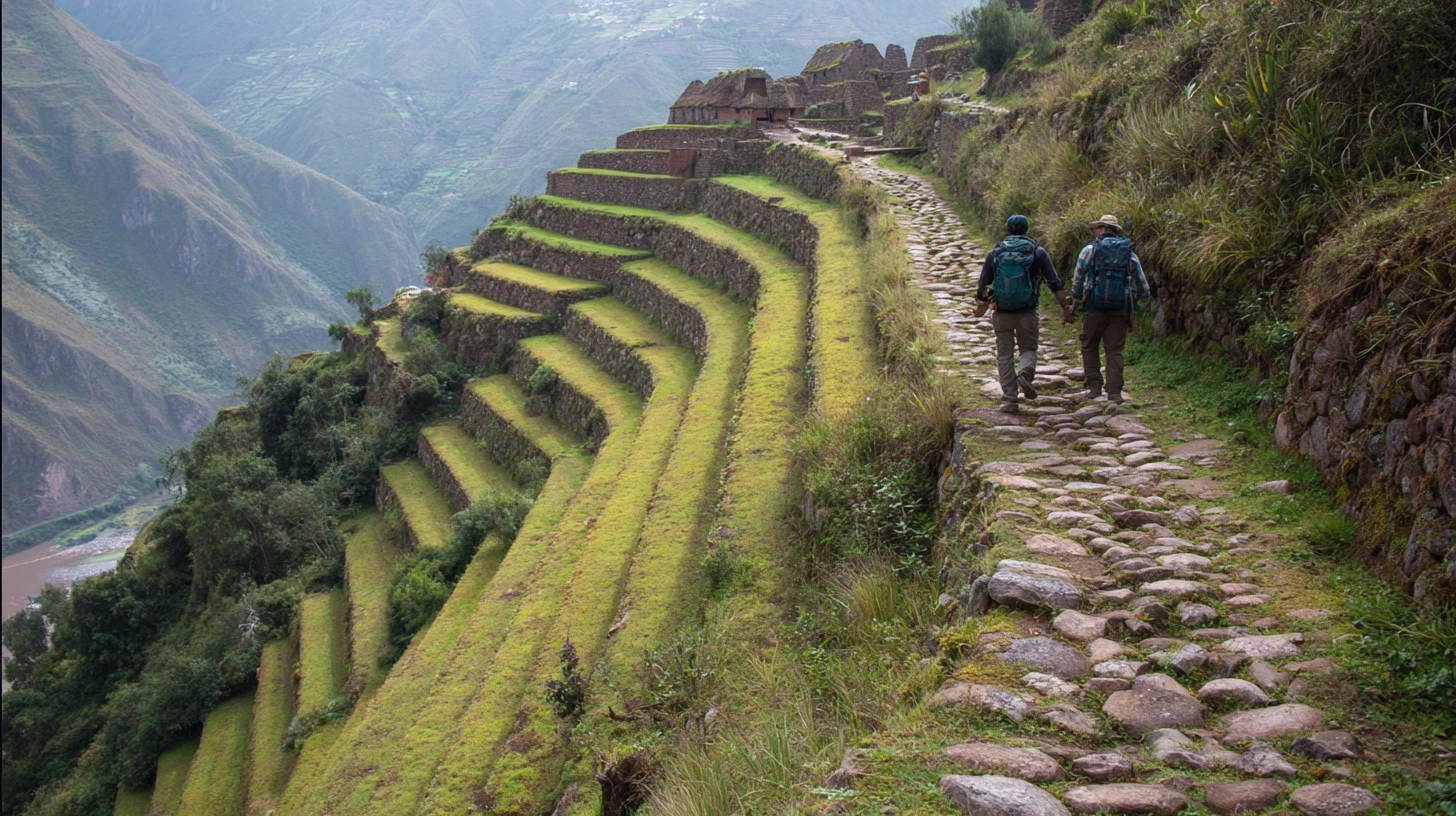 Trekkers on the Inca Trail above the Sacred Valley, terraced Inca ruins and the Urubamba river far below, a porter ahead carrying a pack toward the next camp where the group's meals will be cooked communally.