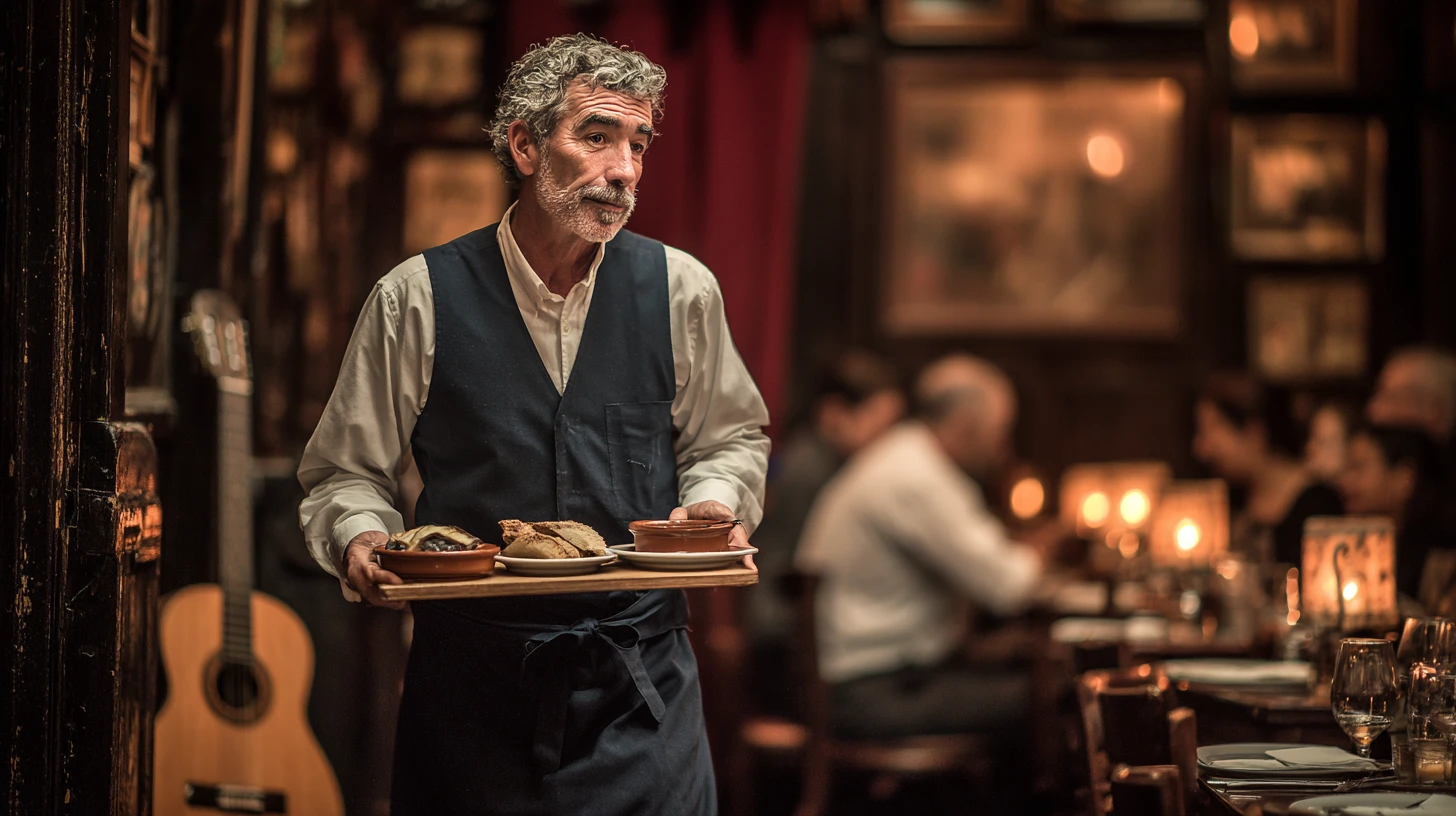 A waiter in a Lisbon fado supper club carries a wooden board of couvert — rustic bread, black olives, white sheep cheese, and sardine paste in a terracotta dish — to a candlelit table. A Portuguese guitar rests on a chair in the background, the small fado stage just visible behind him.