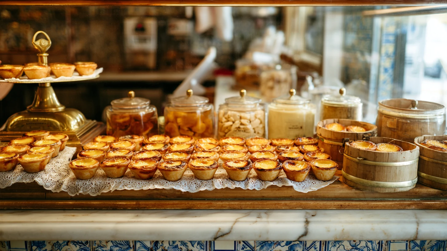 A Portuguese pasteleiro in his sixties presses pastéis de nata dough into copper molds by hand, ovos moles in their small wooden barrels and queijadas on ceramic plates visible in the pastelaria glass case behind him.